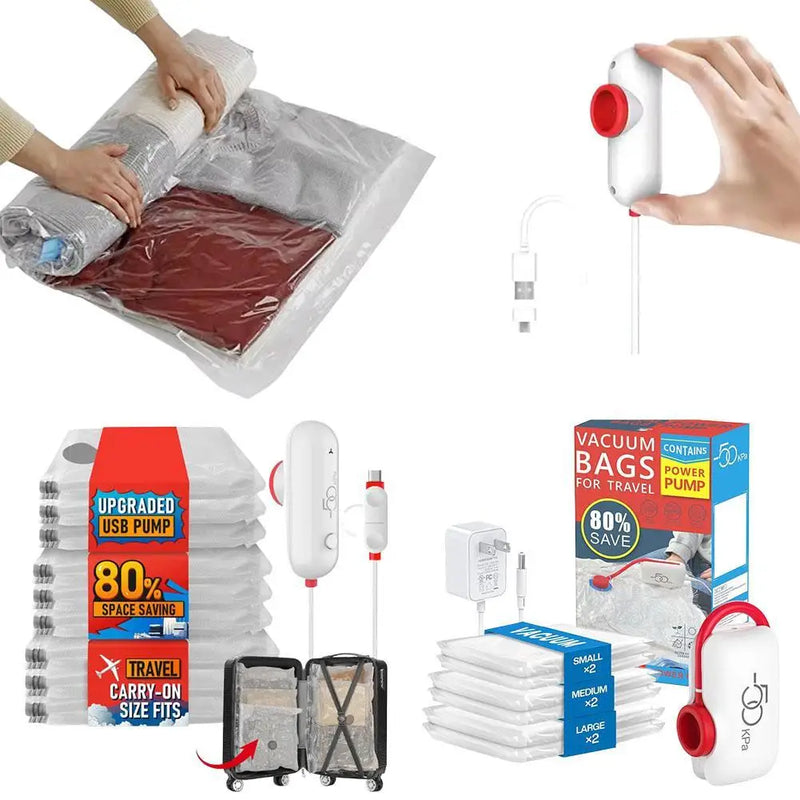 COMPACT-BAGS Bolsas al Vacío para Viajar + Mini aspirador USB!